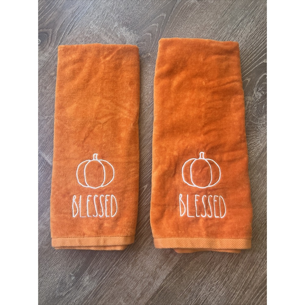 Rae‎ Dunn Orange Blessed Pumpkin Bathroom Hand Towels Set Of 2